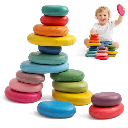 OESSUF Extra-Large Stacking Rocks for Toddlers 1-3, 16 PCS Wooden