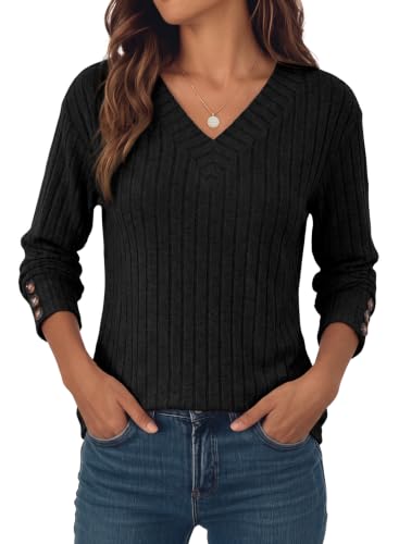 Image of Dokotoo Womens Tops V Neck Lightweight Sweater Fall Long Sleeve Top 2026 | Decorative Buttons, Soft Breathable Knit Material, Pullover Tunic Tops, Business Casual, Fall Outfits, Winter Clothing 2026