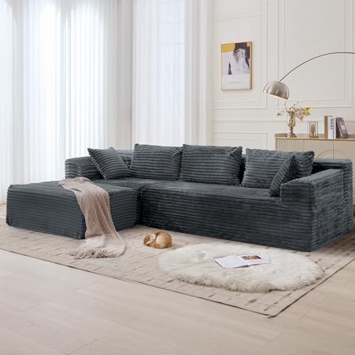 Image of Korser 108 inch L-Shaped Modular Sectional Sofa with Chaise, Boneless Comfy Corduroy Fluffy Couch with Deep Seat and Side Pockets, Flexible Module Combination for Living Room, No Assembly, Side Pockets