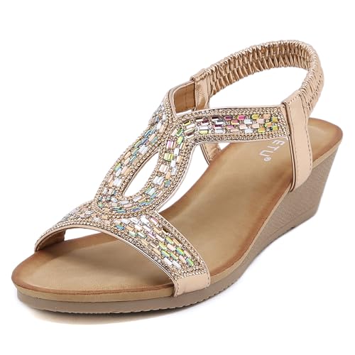 Women's Bohemian Rhinestone T-strap Wedge Sandals Open Toe Elastic Slingback Mid Heels Summer Beach Dressy Sandal