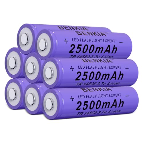 PAOWANG 14500 Rechargeable Battery 2500mAh Button Top 8 Pack 3.7Volt Li-ion Batteries for Headlamp