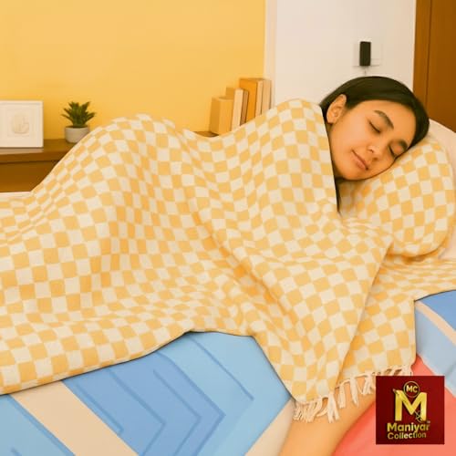Image of Handloom Bhagalpuri Cotton Silk Mix Dull Andi 3D Checked Chadar - Soft Grey Comforter & Odhnewali Blanket for All-Season Sleeping - (220x125cm - Size) (Yellow)