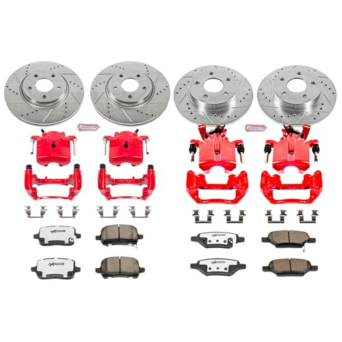 Image of PowerStop Front and Rear Brake Kit for Chevrolet Malibu 2004-08 |Pontiac G6 2005-08 - Drilled & Slotted Disc Rotors + Carbon-Fiber Ceramic Brake Pads + Red-Powder Coated Calipers, KC1612A-26