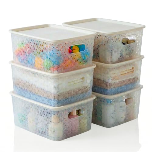 Kuber Industries 6 Pcs Plastic Small Solitaire Storage Basket with Lid & Handle | Multipurpose Storage Rectangular Box for Cloths Toys & Books | H1 - Transparent
