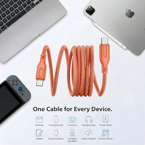 Image of PHILIPS DLC4150CR /94 65W Type-C to Type-C Fast Charging Cable (1.5m, Coral Reef) | Nylon Braided | Compatible with iPhone 15+ Series, USB-C iPad Models, Samsung Galaxy & All Type C Devices