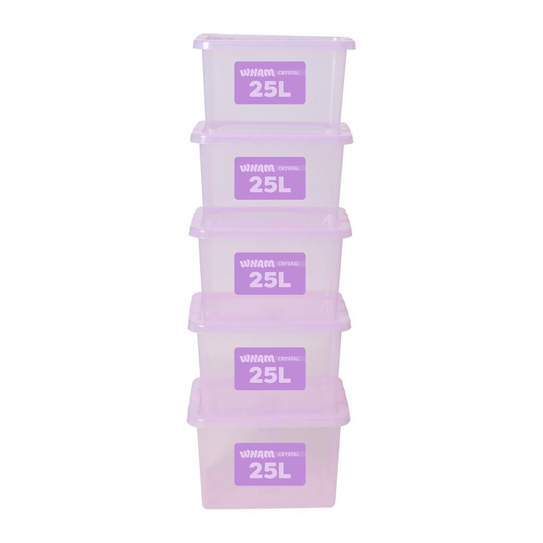 Wham Plastic Storage Boxes With Lids Home Office Stackable Nestable Container Box, 25L Easy fit Underbed Protective Storage Box, 42.5 x 33 x 25.5 cm - Tint Lilac (Set of 5)