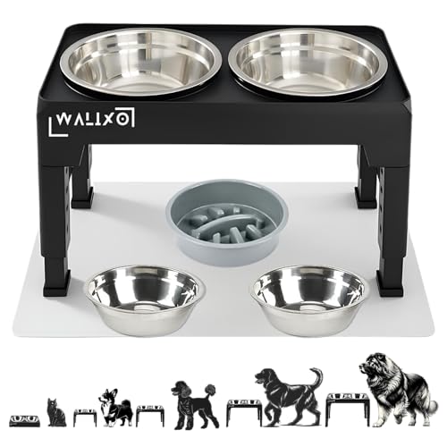 WALIXO Ciotole Rialzate per Cani Regolabili a 5 Altezze (8–28 cm) – 2 Ciotole Inox Grandi 1200 ml + 1 Anti-Ingozzamento 800 ml – Con Tappetino Antiscivolo Incluso
