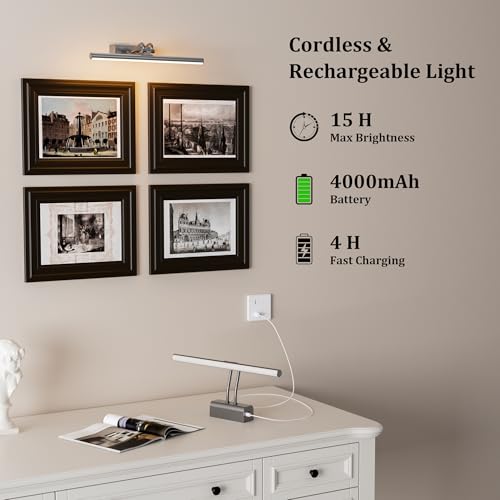 Image of Battery Operated Picture Light for Wall, Grey, 13.8 inch, Remote Control | 4000mAh Cordless,Grey Wall Light, Magnetic for Easy to Charge,Timers, Display for Gallery Living Room Bedroom