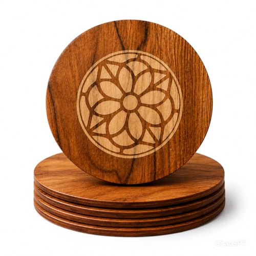 Image of Round Wooden Trivet Set of 4 (20cm) | Heat Resistant Hot Pot Stand | Bamboo Table Mats with Engraved Design | Anti-Slip Dining Table Protector | Wooden Coaster for Kitchen & Cookware (Classic Floral)