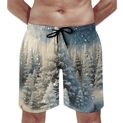 Mens Shorts Snow Wonderland Pine Tree Christmas Men Swim Trunks Quick-Dry Beach Shorts with Drawstring Pocket Bathing Suit 3XL