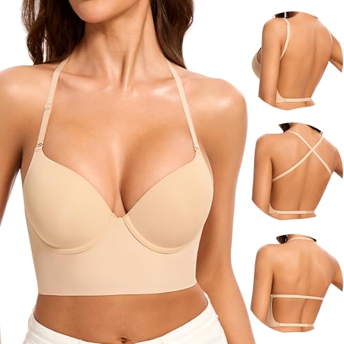 Low Back Bra for Women-Seamless Invisiable Backless Bras-Lightly Lined Open Back Halter Multiway Low Cut Bra2