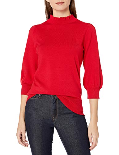 Amazon Brand - Lark & Ro Women's Three Quarter Balloon Sleeve Ruffle Mock Neck Sweater, Red, M