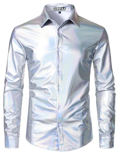 ZEROYAA Men's 70s Disco Button-Down Shirt Shiny Metallic Long-Sleeve Costume for Party Prom Laser Silver Large