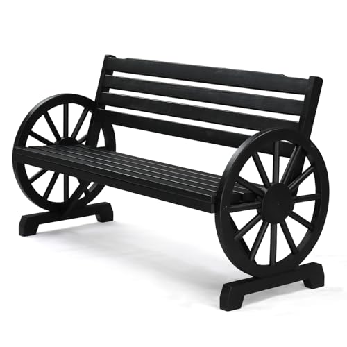 Image of VINGLI Rustic Wooden Wheel Bench Outdoor Bench, Patio Bench Wagon Slatted Seat, Garden Benches for Outdoors 350lbs High Capacity, Weather Resistance (Black, 55in)