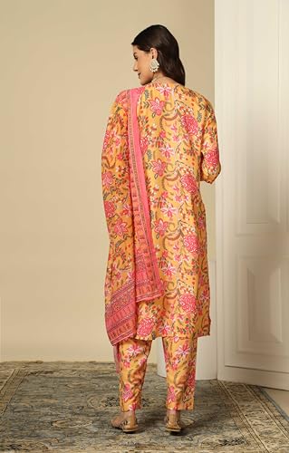 Greciilooks Women Semi Cotton Alia Cut Regular Fit Kurta Set (Yellow, Large)