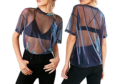 CERYIWER Womens See Through Shirts Short Sleeve Sexy Mesh Metallic Shiny Tops2
