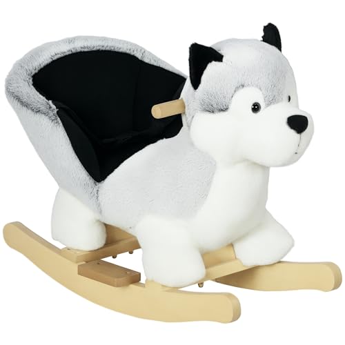 HOMCOM Husky Baby Rocking Horse for Toddlers, Plush Wooden Child Rocking Animal with Sound, Seatbelt, Gift for Ages 18-36 Months, Kids Ride-On Toy for Indoor Use - Grey