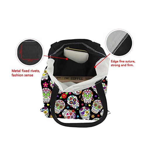 Dolyues Colorful Skull Canvas Shoulder Bag School for Women Men Large Capacity Handbag Tote Bag Foldable Reusable Shopping Bag for Grocery - Image 4