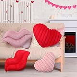 4 Pack Valentine's Day Heart Pillows and Lips Throw Pillows Soft Cute Ribbed Heart Shaped Throw Pillows Throw Fluffy Pillow Love Heart Pillows for Gift Bed Sofa Couch Decor(Red,Pink)