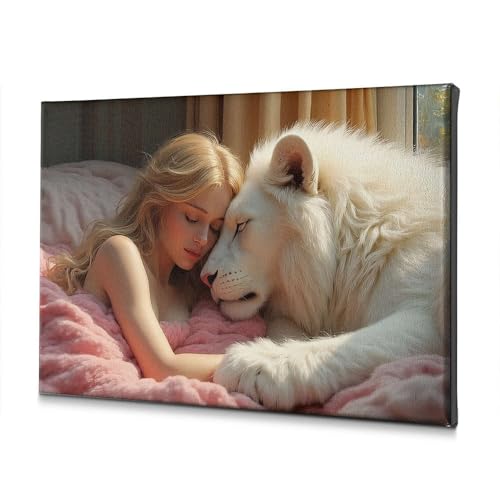 Toile lion et femme 30x40 cm avec kit de suspension pour décoration murale rustique