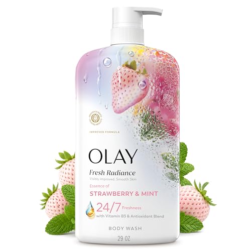 Olay Body Wash for Women, Fresh Radiance, 24/7 Skin-Loving Freshness, Visibly Radiant, Plant Based Cleansers, Vitamin B3 & Antioxidant Blend, For All Skin Types, Strawberry & Mint Scent, 29 fl oz