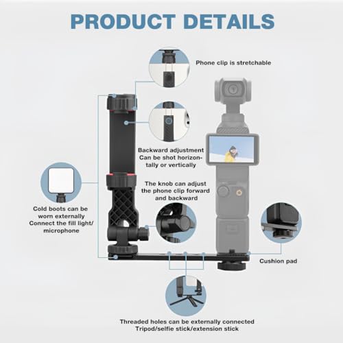 Image of ZORBES Compatible with Pocket 3, Action Camera Attachment Phone Bracket Phone Mount with Cold Shoe Mount, Flexible Angle Adjustment, 1 /4'' Screw Tripod or Selfie Stick Compatible
