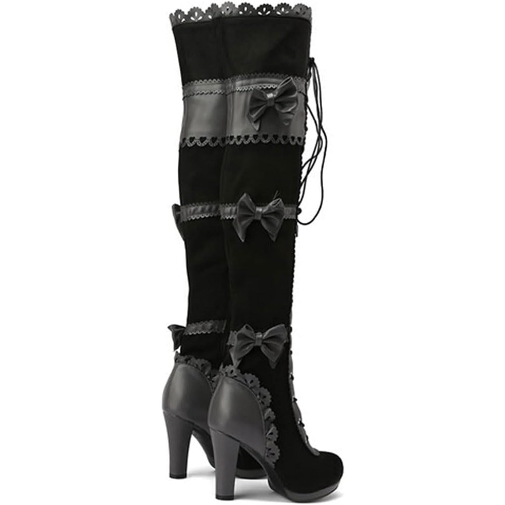 Sexy Overknee-Stiefel mit klobigem Absatz für Damen modische oberschenkelhohe Stiefel zum Schnüren mit Schleife geeignet für Party Abschlussball, Hochzeit lace/K/43EU