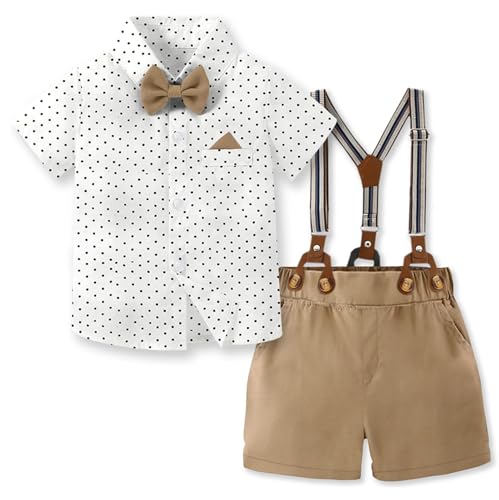 Image of SANGTREE Baby Boy Suit Wedding Ring Bearer Outfits Vest Short Sleeve Bowtie Shirt Suspender Summer Gentleman Shorts Sets