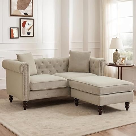 TUNYI 62" Sofa Loveseat, Button Tufted Nailhead Sofa Couch, L-Shaped Upholstered Loveseat Sofa Couch with Movable Ottoman/Comfy Pillow/Wood Leg for Living Room, Apartment (Grey) Cover
