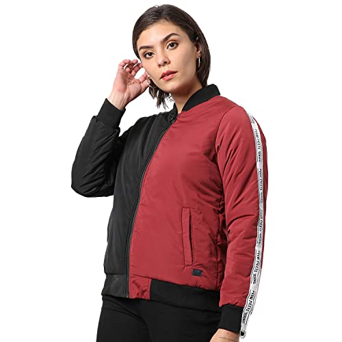Image of PINACOLADA Women Red & Black Puffer Regular Fit Bomber Jacket For Winter Wear | Low-Cut Standing Collar | Full Sleeve | Buttoned | Casual Jacket For Woman & Girl | Western Stylish Jacket For Women