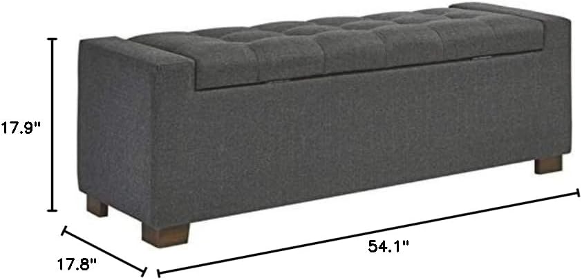 Bowery Hill Upholstered Storage Bench, Gray Polyester Fabric, Wood Legs with Brown Finish, Tufted Seat Cushion, Hinged Seat with Interior Storage, 54 in Wide Entryway or Bedroom Organization Furniture