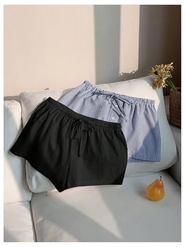 Image of MakeMeChic Women's 2 Pack Linen Shorts Striped Gingham Boxer Shorts | Summer, Beach Shorts, Cover Up, Pajama, Lounge