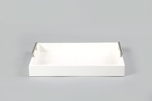 Miniatura 7 de Bandeja para servir de 16.5 x 13 pulgadas, bandeja otomana de madera de lujo, mesa auxiliar con asas de metal plateado pulido, 4 posavasos redondos