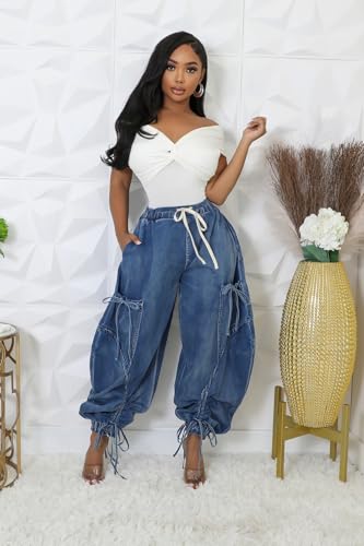 Mandonce Baggy Jeans for Women Cargo Wide Leg Jeans Drawstring Denim Hippie Pants Loose Fit Jeans for Women Trendy2