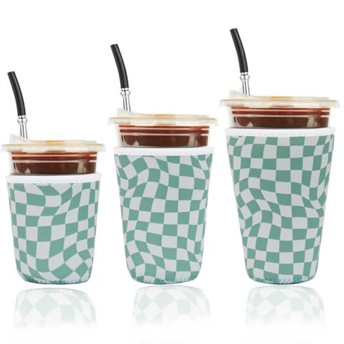 Image of Reusable Insulated Neoprene Iced Coffee Cup Sleeve, Durable Drink Sleeve for Cold Beverages, Beverage Holder for Iced Coffee (Wavy Grid)