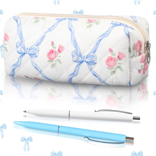 Image of Sherr Coquette Bow Pencil Case Blue Floral Bow Cute Pencil Pouch Soft Cotton Storage Bag Aesthetic Pattern Gift Makeup Pouch Cosmetic Bag for Women Adults