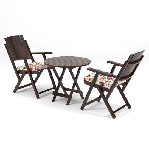 Image of Sheesham Wooden Portable Foldable 2 Seater Chair with Table Set Outdoor Balcony Garden Coffee Table Set Furniture with 1 Table and 2 Chairs Set (Walnut)