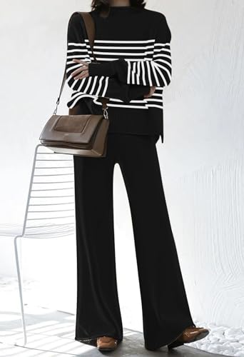 Fixmatti Stripe Sweater Sets for Women 2 Piece Knitted Outfits High Neck Top Wide Leg Pant Loungewear3