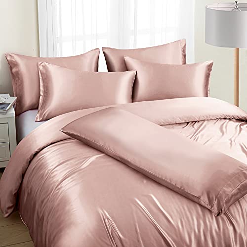 Image of Ersmak 6 Pieces Satin Duvet Cover Full /Queen Size Luxury Silky Bedding Duvet Cover Set with 1 Soft Duvet Cover, 4 Queen Pillowcases and 1 Body Pillowcase, Champagne