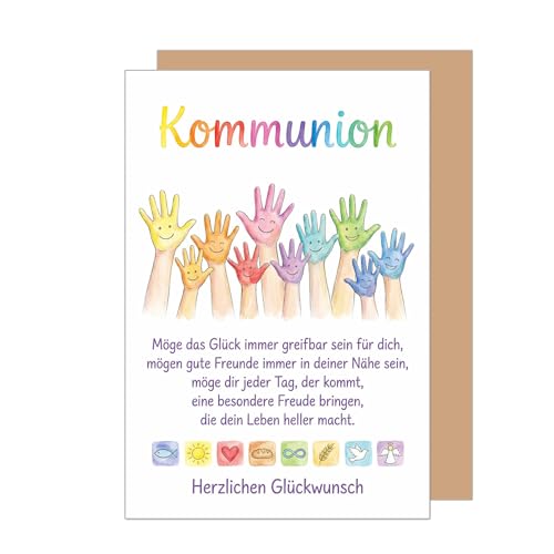 Edition Seidel Premium Glückwunschkarte zur Kommunion mit Umschlag. Kommunionskarte Karte Grußkarte Spruch Sprüche Mädchen Junge Jugendliche Hände bunt farbenfroh Glück Wünsche (KO350 SW026)