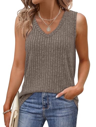 Image of Saloogoe Tank Tops for Women 2025 V Neck Summer Sweaters Vest Lightweight Curved Hem Spring Beach Fashion