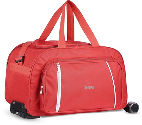 Image of Shifa Travel Trolley Duffle Bag with Wheels | Expandable Cabin Luggage for Men and Women | Lightweight Polyester Rolling Suitcase for Business Trips and Holidays Red