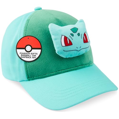 Pokemon 3D Jungen Cap, Basecap Kinder mit Plüsch Pikachu oder Bisasam Motiv, Verstellbarer Snapback, Geschenkidee für Jungen (4-12 Jahre, Grün Bulbasaur)