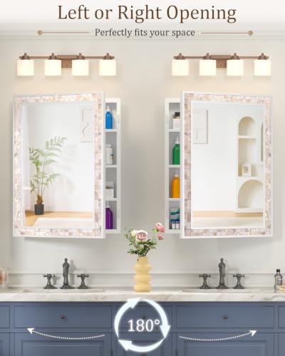 Image of 20 inchx26 inch Hand-Inlaid Natural Shell White Medicine Cabinet Mirror for Bathroom, Bedroom, Living Room, Entryway, Easy to Install Left or Right Opening Bathroom Wall Cabinet Recessed and Surface Mount