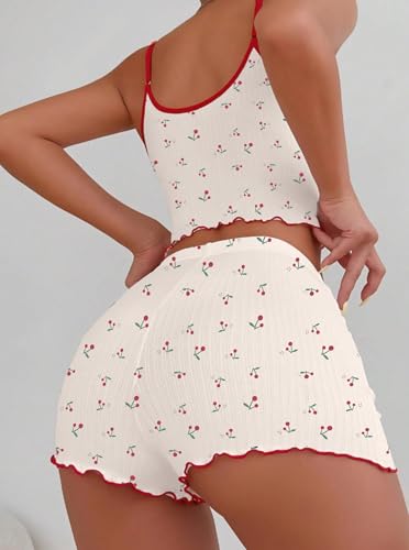 Image of Hilinker Womens Graphic Print Ribbed PJ Set Crop Cami Tops and Shorts Cute Pajamas Set