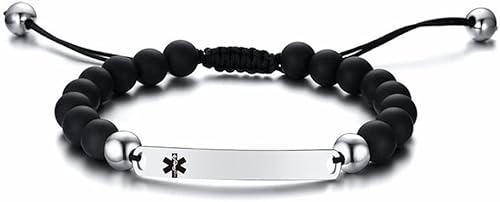 ZKXXJ Pulsera médica personalizada para mujeres y hombres, de acero inoxidable, ajustable, con cuentas de ónix blanco y negro, pulsera de alerta