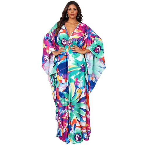 powkiet Kaftan Dresses for Women Plus Size Swimsuit Coverup Beach Cover Up Batwing Maxi Dress Floral Printed Tropical Kaftan Pool Cover Up Cruise Vacation Resort Style