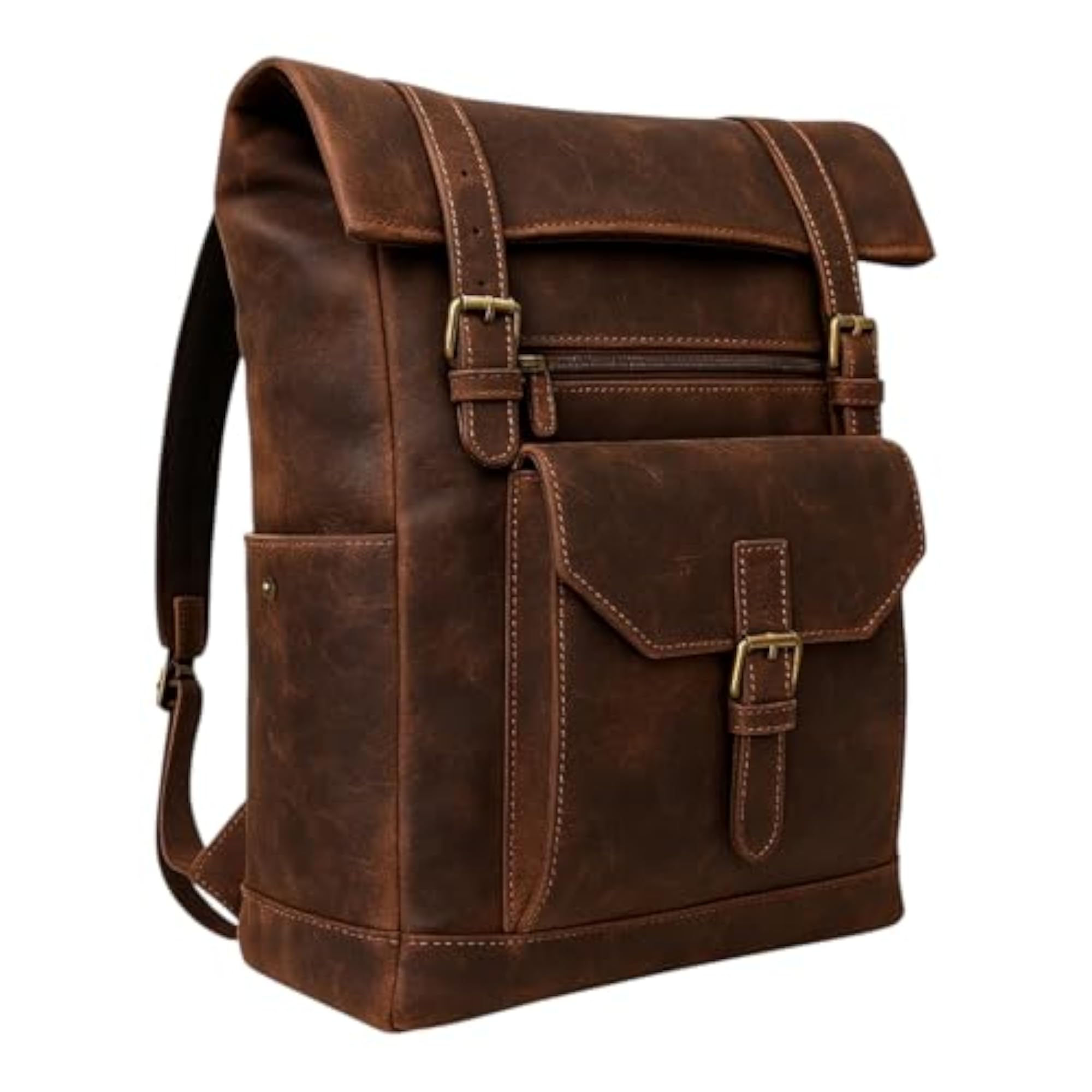 Vintage Leather Roll-Top Backpack with Brass Hardware