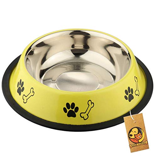 Image of Foodie Puppies Stainless Steel Dog Bowl Combo - (Medium, 700ml) Food and Water Feeding Gift Bowl | Suitable for Dogs, Cats and Other Pets I Paw Bone Print, Anti-Skid Rubber Base (Pink + Yellow)