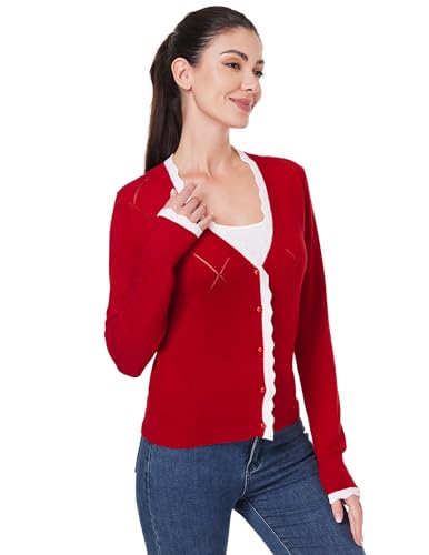 Image of AmelieBoutik Women Lightweight Button Down Long Sleeve Casual V Neck Color Trim Soft Knit Fall Cardigan Sweater Tops